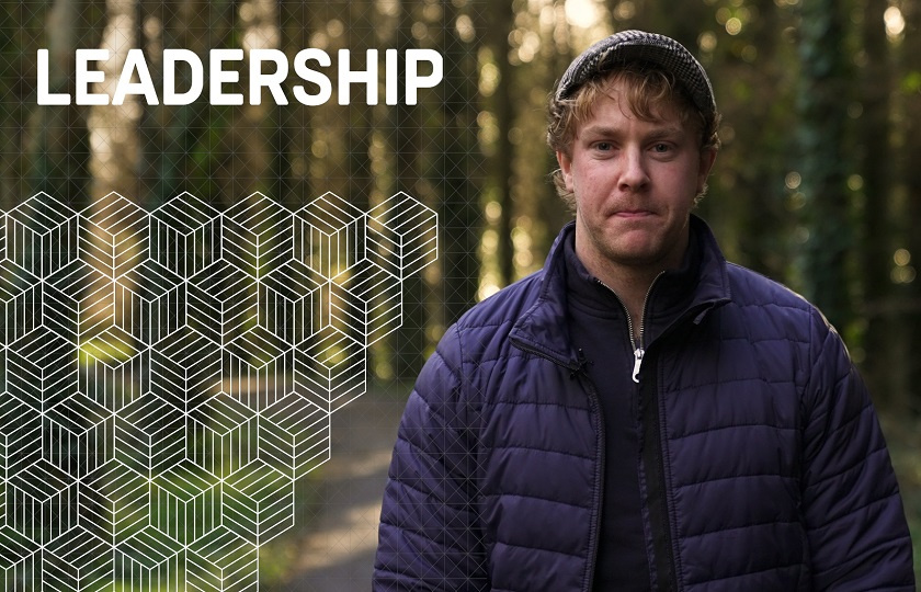 Student on the MA in Christian Leadership in Education with the word 'Leadership' in a graphic beside him