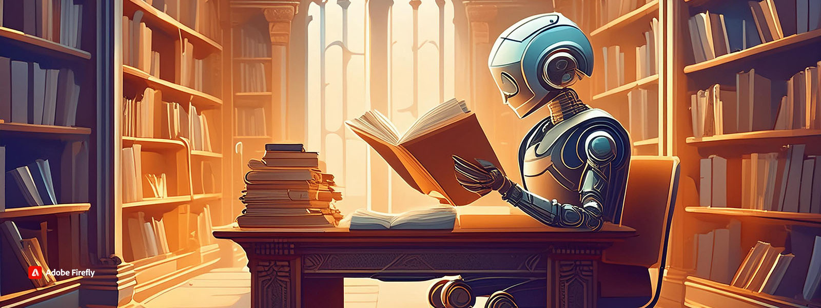 Hero image for Generative AI and Academic Integrity Conference - robot sitting at table in library reading a book 