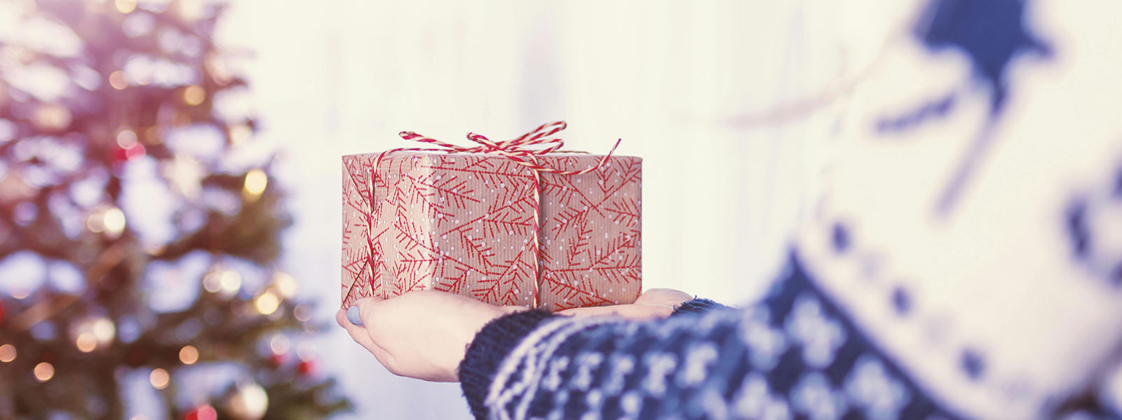 Christmas tree and a person giving a gift