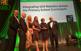 Dr Maeve Liston from Mary Immaculate College accepting the Collaboration Award at Teachers Inspire for the MIC-Dell VEX Robotics Project