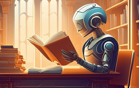 An AI-generated image of a robot sitting in a library reading a book