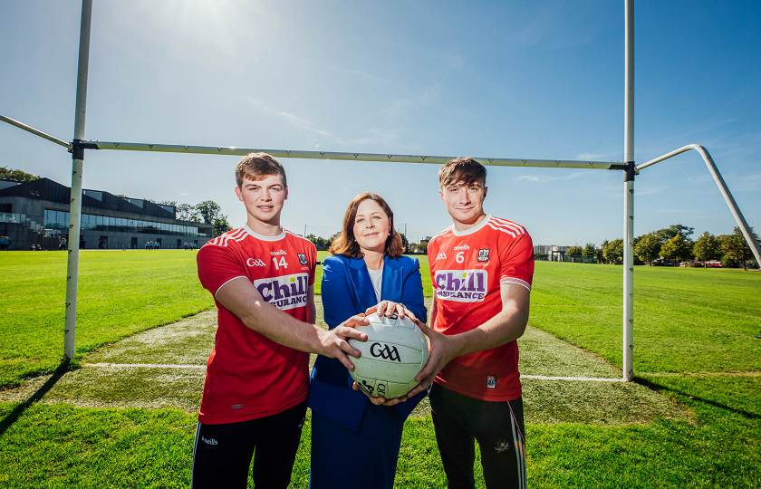 MIC students and Cork U20s All Ireland football winners, Cathail O’Mahony and Sean Meehan pictured with Professor Niamh Hourigan, Vice-President of Academic Affairs, MIC.