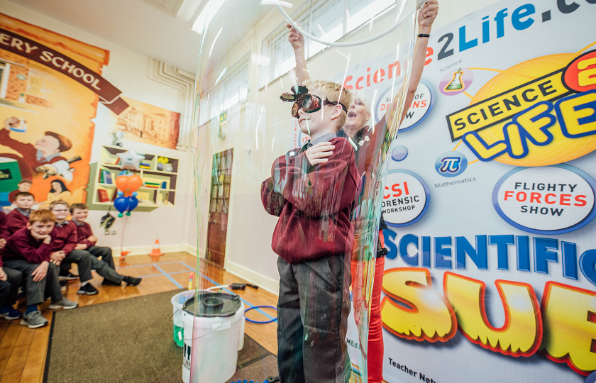 John Beary steps inside a bubble as Scientific Sue launched the Tipperary Festival of Science at Monastery Primary School in Tipperary Town