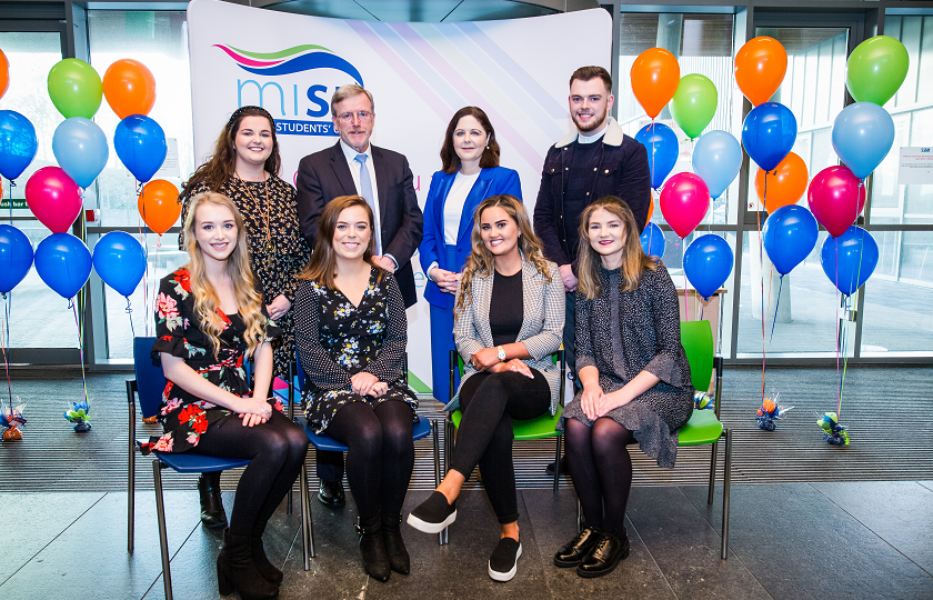 Five students from MIC pictured with Aisling Cusack, President of MISU, Professor Eugene Wall, President of MIC and Professor Niamh Hourigan, Vice-President of Academic Affairs at MIC