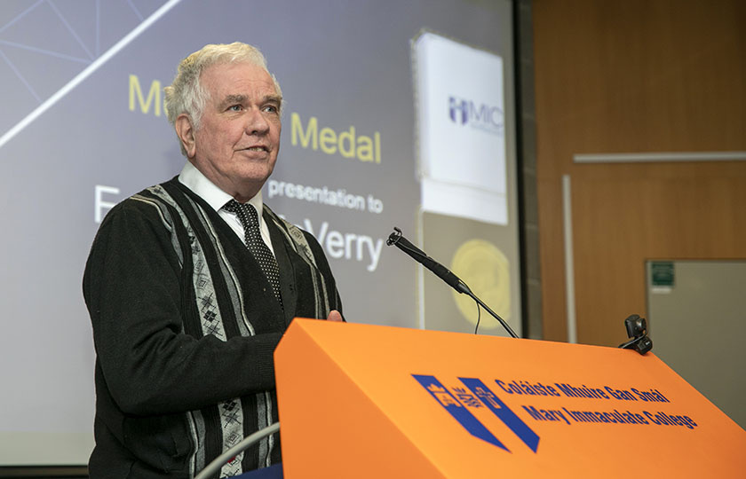 Fr Peter McAuley speaking at the presentation of the McAuley Medal in MIC Limerick.