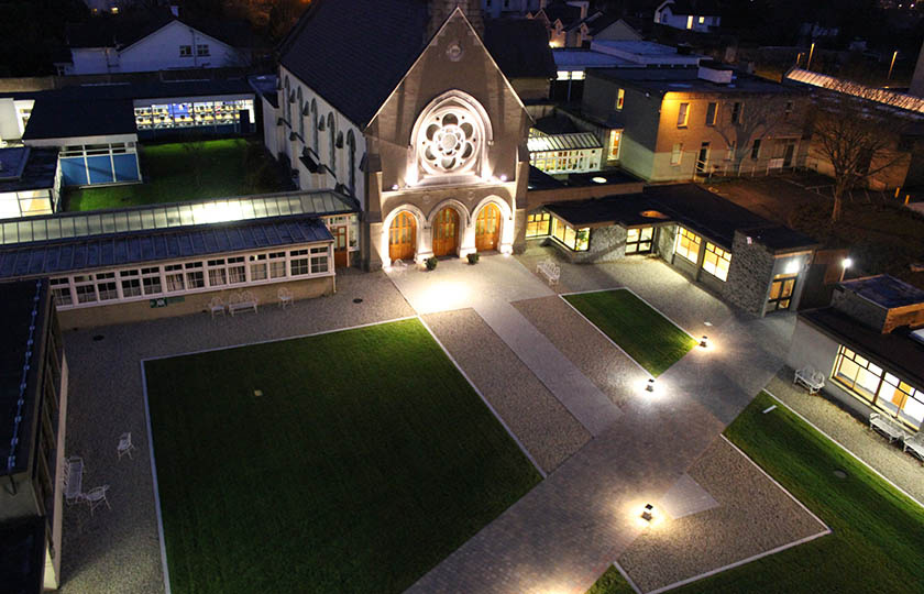 MIC College chapel and quad at night