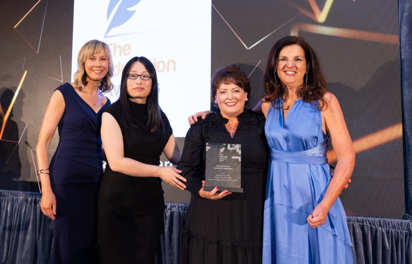 Four women in formal wear collecting an award