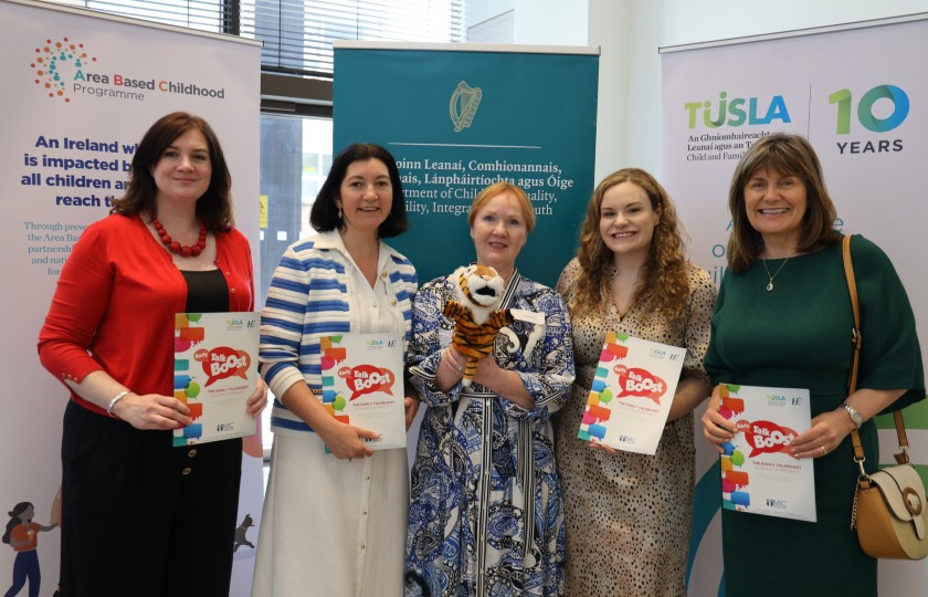 MIC academics Dr Suzanne Egan, Dr Jennifer Pope, Dr Mary Moloney, Mai Burke Hayes and Deirdre Breathnach pictured at the launch of the first independent evaluation of Early Talk Boost. Dr Moloney is holding 'Tizzy', a character from the Jake and Tizzy books which are a key resource used in implementing the programme with young children.