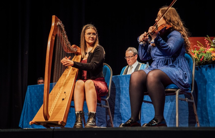 Catherine Joyce and Roisin Ni Chonchuir playing as they were announced as Ashling Murphy Memorial Entrance Scholarship recipients