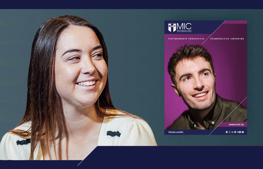 Postgraduate prospectus cover image of postgrad student along with prospectus graphic