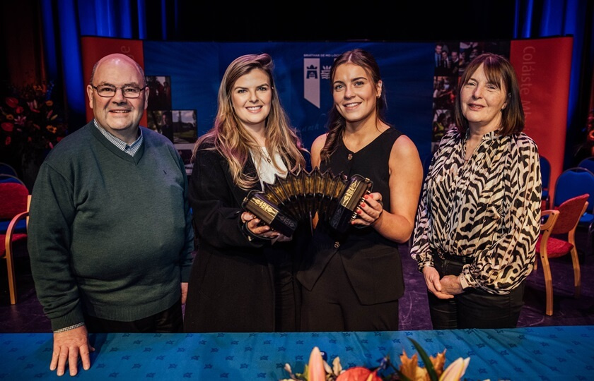 Rachel Mahony, the Ashling Murphy Memorial Entrance Scholarship recipient for 2024 with with Ashling Murphy's parents, Ray and Kathleen, and Ashling's sister, Amy