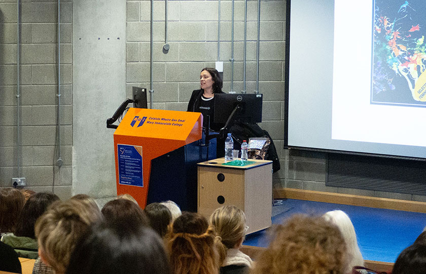 Author Sara Ahmed at podium in lecture theatre in MIC