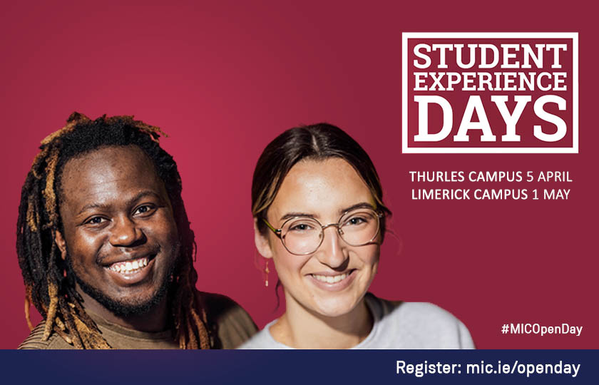 Two undergraduate students against a red background with the text Student Experience Days 