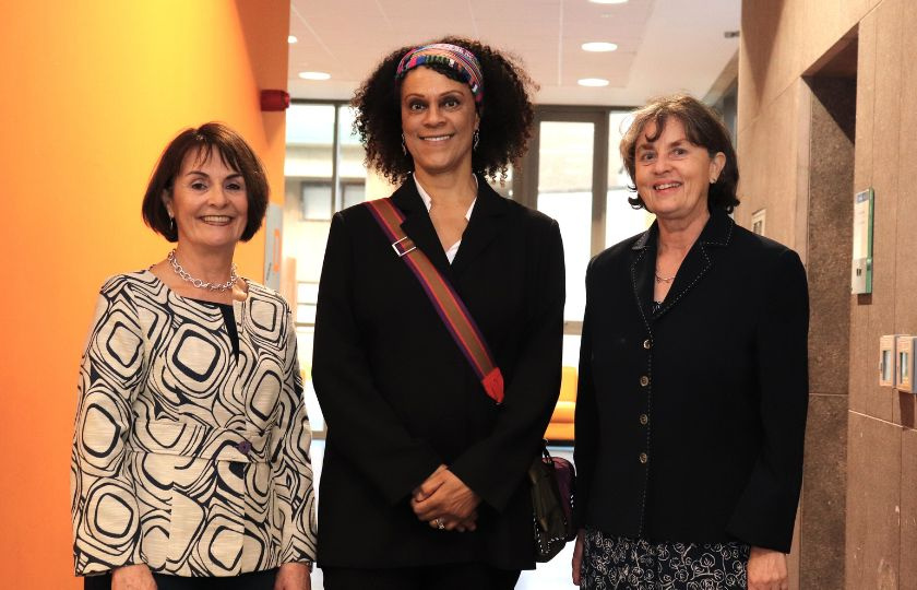 Booker Prize Winner, Bernardine Evaristo with Ciana Campbell and Dr Kathryn Laing, MIC.