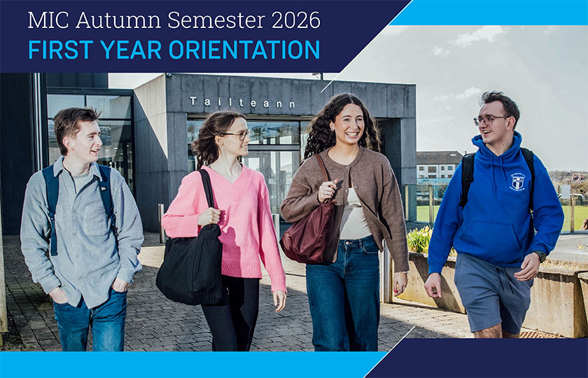 Orientation slider graphic of 4 students outside the Tailteann building