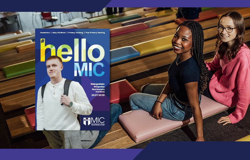 Image of students in student foyer of Tara building with image of Undergraduate prospectus front cover overlaid